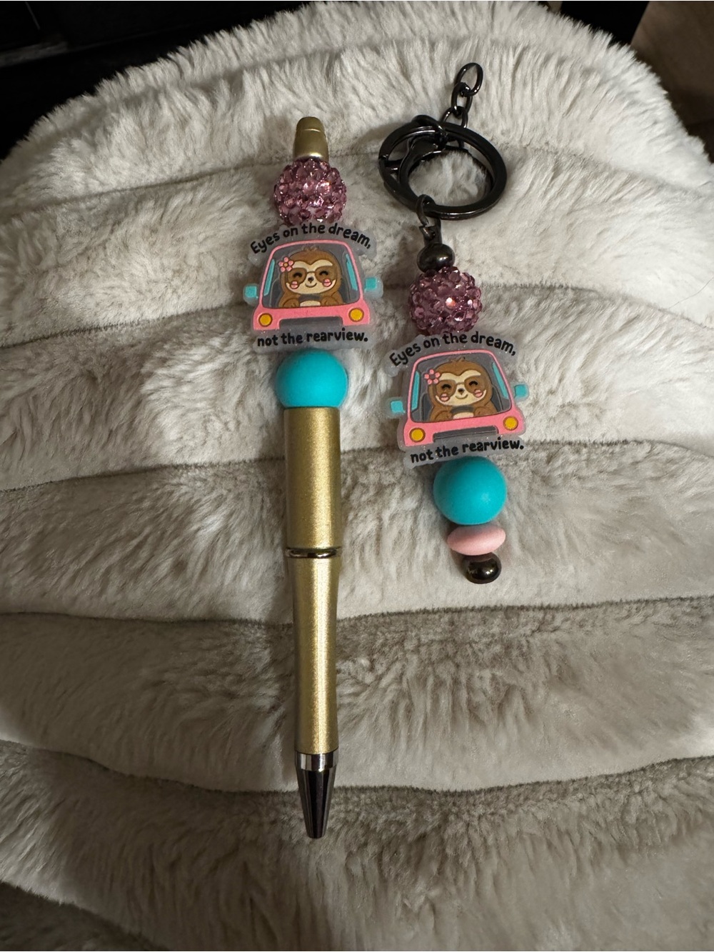 Gold Sloth Pen and Keychain Set - Turquoise & Pink